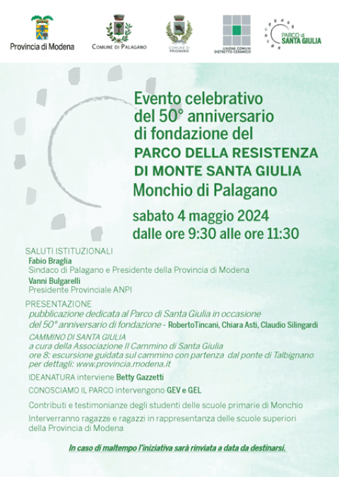 Evento celebrativo del 50° anniversario di fondazione del Parco della Resistenza di Monte Santa Giulia - Monchio di Palagano sabato 4 maggio 2024 dalle ore 9:30 alle ore 11:30